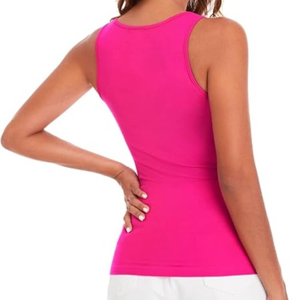 Casual Cut Out Sleeveless Round Neck Slim Fitted Tank Top Hot Pink - Picture 3 of 6